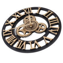 Large 34cm Vintage Wooden Gear Wall Clock, Industrial Gold Design