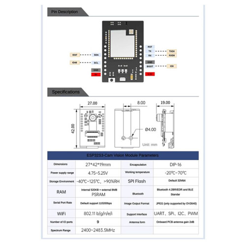 ESP32-S3 Wifi Camera Module AI Vision Module Support WiFi Video Transmission Face and Color Recognition Dual-Mode Kit 2