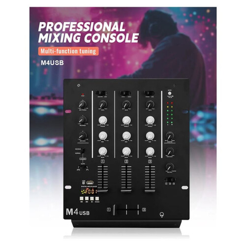 3-Channel USB DJ Mixer with Built-in Audio Interface 3-Band EQ Microphone Input and Replaceable Crossfader US Plug