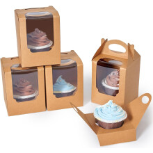 Brown Cupcake Boxes with Window & Handle, Disposable Single Muffin Containers – Compatible with Bakery, Party Favor & Gift Packaging