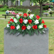 Artificial Red and White Rose Grave Saddle for Headstones