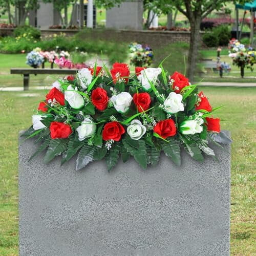 Artificial Red and White Rose Grave Saddle for Headstones