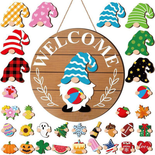 Wooden Interchangeable Gnome Welcome Sign with 30 1