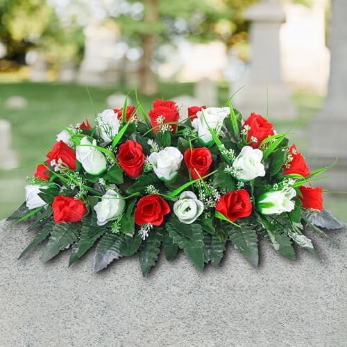 Artificial Red and White Rose Grave Saddle for Headstones 2