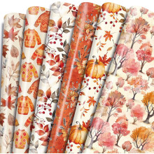 Halloween Fall Gift Wrapping Paper – 12 pcs, Pumpkin, Flower & Maple Leaf Design, Compatible with All Wrapping Needs