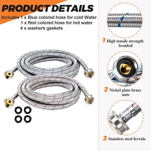 15 ft Stainless Steel Washing Machine Hoses (2 Pack) 2