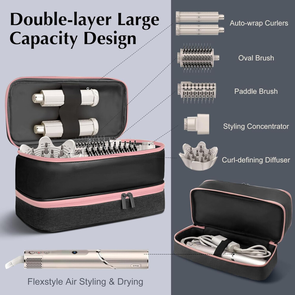 Waterproof PU Leather Travel Case for Hair Dryer and Styler Accessories, Double Layer Organizer Bag for Flexstyle/ Airwrap (Black)