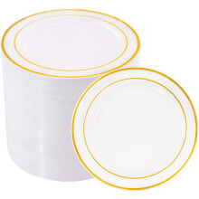 6.25 Inch Gold Rim White Plastic Plates 100 Pack
