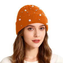 AWZXDE Girls' Pearl Glitter Knitted Hat Double Layer Warm Winter Cap for Outdoor Street Fashion