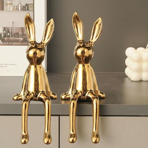 Brass Rabbit Figurine Statue Ceramic Electroplated 1 Piece
