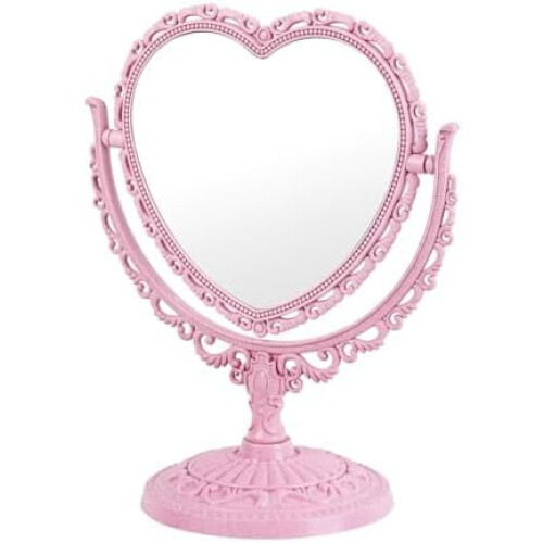 Espejo de tocador de princesa con forma de corazón, rosa, de doble cara.