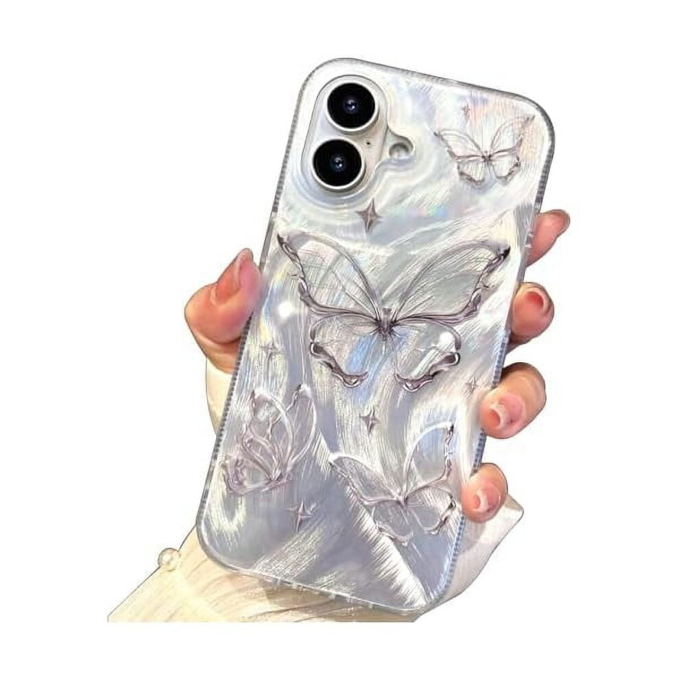 Shiny Butterfly Iphone 16 Case Â Cute Soft Tpu Shockproof Cover For Women & Girls, Aesthetic Glitter, Compatible With Iphone 16 Silver 9426043249939
