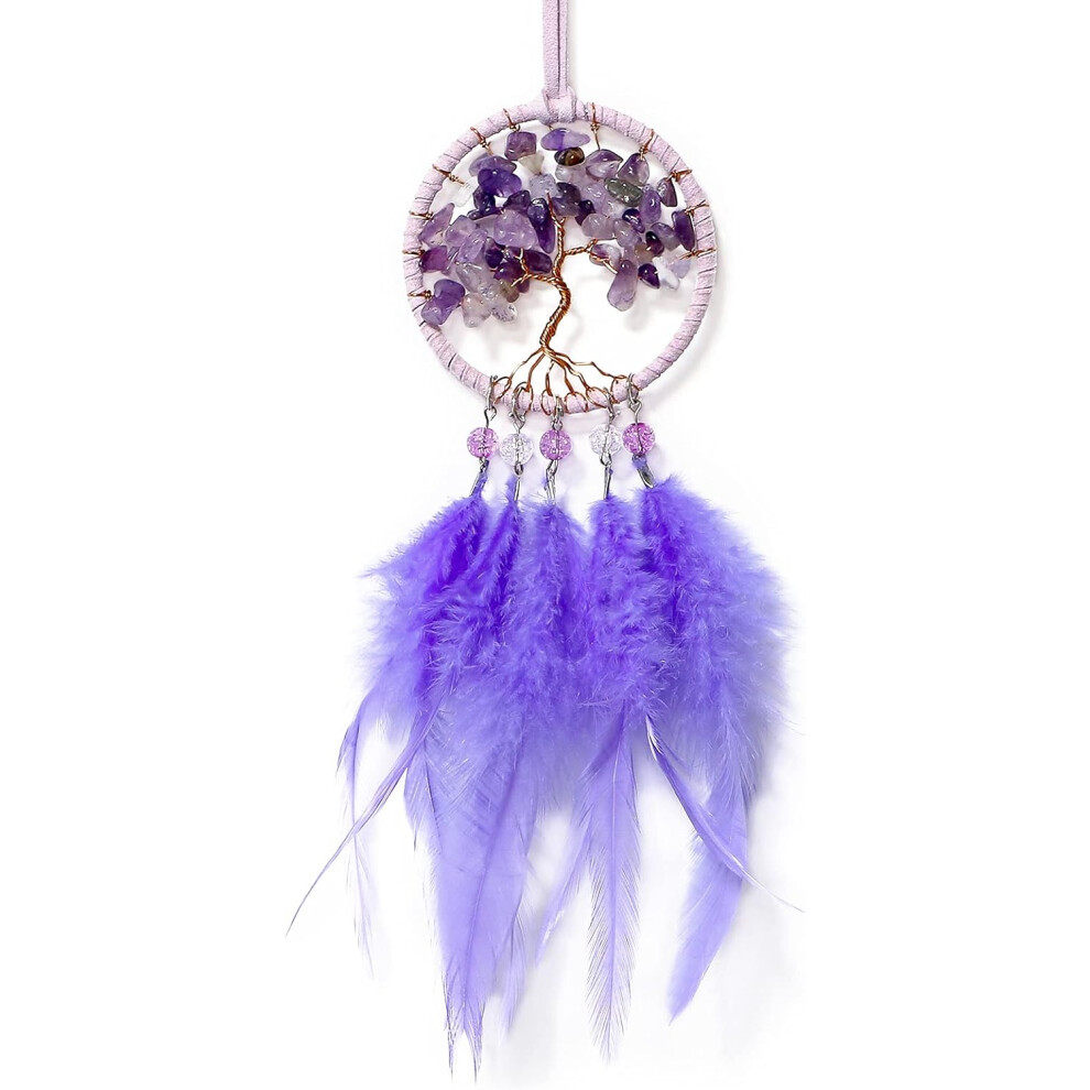 Dream Catchers Wall Hanging Decor, Handmade Dream Catcher With Feather And Tree Of Life Design, Boho Chic Aesthetic For Wedding Party Purple 9044386815194