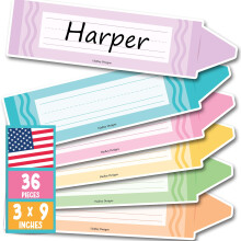 Colorful Classroom Desk Name Tags, 36 Pack Name Plates for Desks and Cubbies, Large 9.5x2.5 Inch Crayon Design, Multicolor
