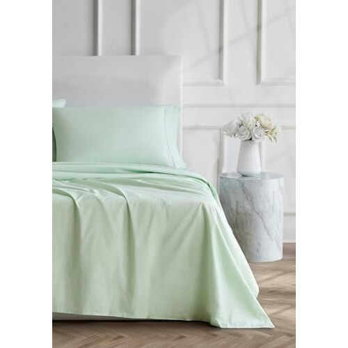 Ensemble de draps en percale de coton pour lit simple – Vert sauge, 45 cm de profondeur