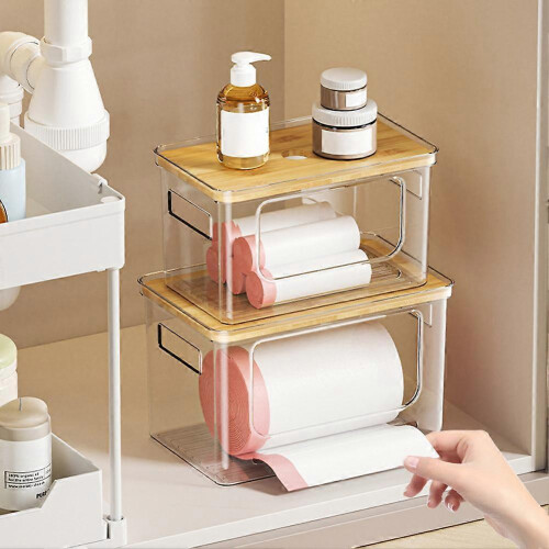 (Medium) Stackable Trash Bag Dispenser with Bamboo Lid, Under Sink Garbage Bag Holder Organizer for Kitchen & Laundry Storage 1