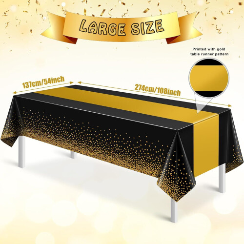 3-Pack Black & Gold Disposable Tablecloths 54x108 in