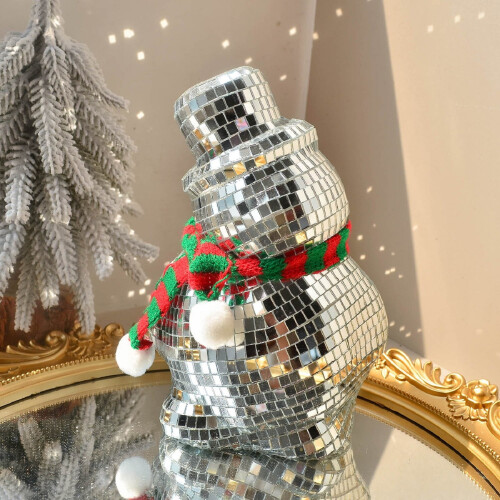 Snowman Disco Ball Statue with Knitted Scarf