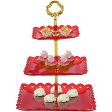3 Tier Square Cupcake Stand Holder - Plastic Tiered Serving Tray with Metal Columns for Dessert Candy Fruit Display at Weddings Tea Parties Events