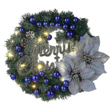 (As show, One size) Simulation Rattan 40cm LED Christmas Wreath, Blue Lights and Gold Sign