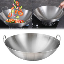 Non-Stick Pan,Polished Stainless Wok Round Bottom Wok With 2 Loop Handles Stainless Round Bottom Wok For Kitchen Home Restaurant