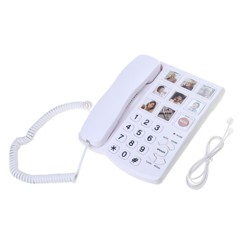 Seniorvänlig fasttelefon med stor knappsats och vägguttag