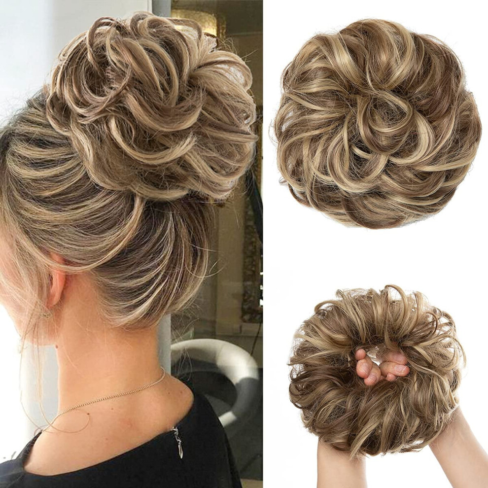 Unisex Large Messy Bun Hair Piece Wavy Curly Scrunchies Synthetic Chignon Ponytail Hair Extensions Thick Updo Hairpieces For Women Brunette/Ash Blonde