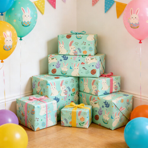 Ostergeschenkpapierrolle mit Hasen-, Ei- und Blumenmuster, 27,6 x 2