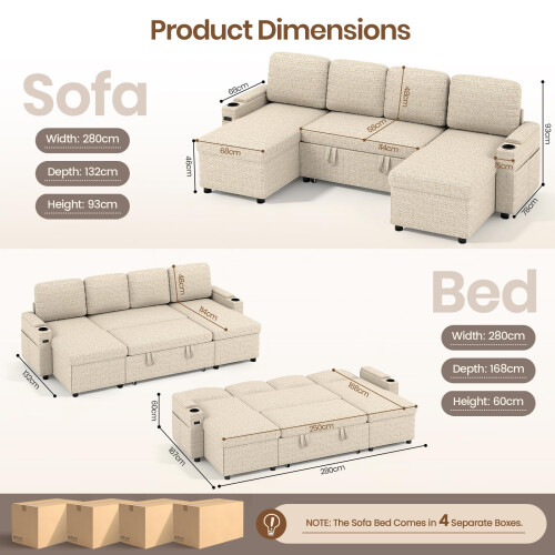 Joolihome U-Shaped 3-in-1 Fabric Convertible Sofa Bed 1