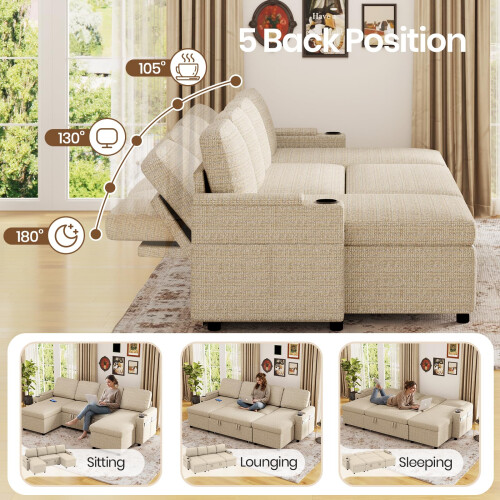 Joolihome U-Shaped 3-in-1 Fabric Convertible Sofa Bed 2