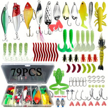 79pcs Fishing Lures Kit for Bass, Trout, Salmon – Topwater Jigs, Minnows, Poppers, Spoons, Soft Worms – Compatible with All Rods