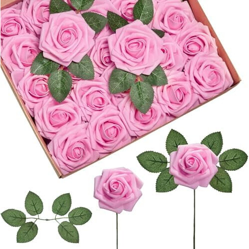 100 Pink Foam Artificial Roses with Stems