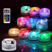 Mini submersible LED tealights with remote, waterproof & flameless, RGB multicolor, battery-operated—compatible with vases, pools, ponds, camping,