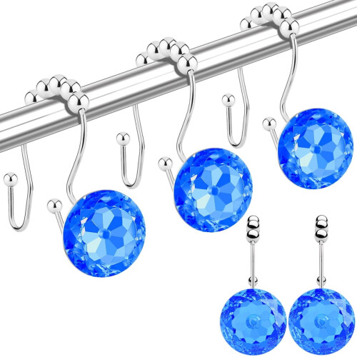 Crochets de rideau de douche doubles bleus avec strass (12 pièces)