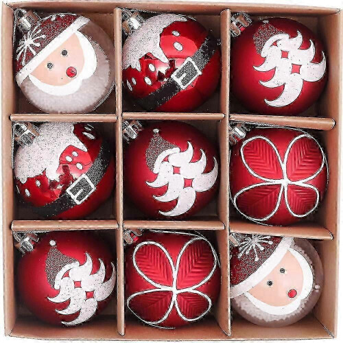 9 Red & White Plastic Christmas Baubles 60 mm