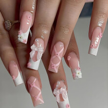 Uñas postizas con punta francesa y diamantes de imitación (24 unidades)