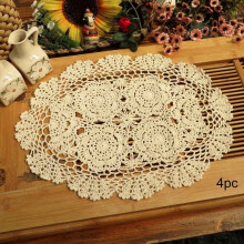 Lace Doilies Handmade Crochet Placemats Cotton Doilies Cloth Lace, Pack of 4, Oval Shape, 12 x 17 inch (Beige)
