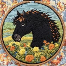 DIY Punch Needle Kit: Black Horse in Flowers, Easy for Beginners, Includes Hoop & Yarn, 20x20cm – Compatible with Standard Punch Needles