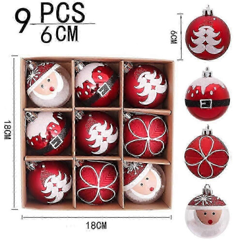 9 Red & White Plastic Christmas Baubles 60 mm 1