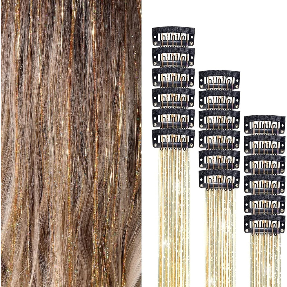 Unisex Hair Tinsel Clip In Champagne, Clip In Hair Tinsel, Pack Of 18Pcs, 20 Inch Glitter Tinsel Hair Extensions