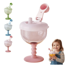 Cute No-Spill Goblet Cup with Lid, Leak-Proof Sippy Cup for 12M+, Easy-Measure Marks – 2Pcs (Pink)