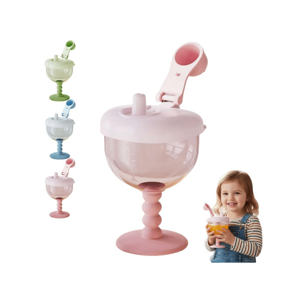 Cute No-Spill Goblet Cup With Lid, Leak-Proof Sippy Cup For 12M+, Easy-Measure Marks – 2Pcs (Pink) Pink