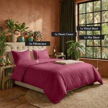 (Burgundy/Red, Single) 4 Piece Duvet Covers Bedding Set Fitted Bed Sheets