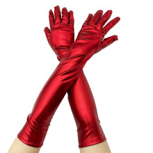 Long Shiny Stretch Gloves with Metallic Finish for Evening Parties and Costume Events Red