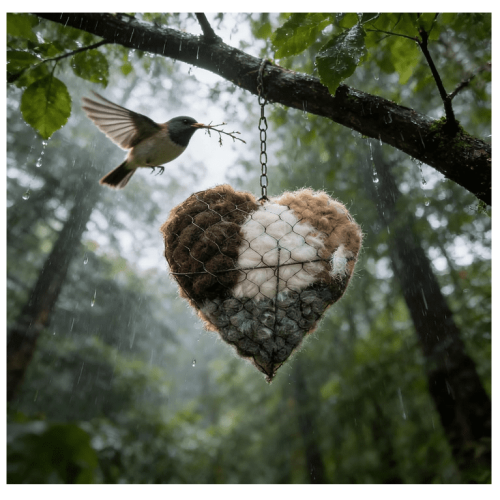 Handmade Fiber Bird Nesting Heart – Refillable, 6.7"