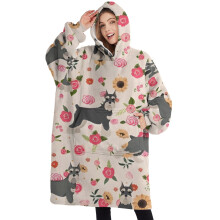 Oversized Wearable Blanket Hoodie,Schnauzer Dog and Flower Floral Sherpa Blanket Hoodie with Super Pockets,Super Warm Fuzzy Pullover for Women & Men