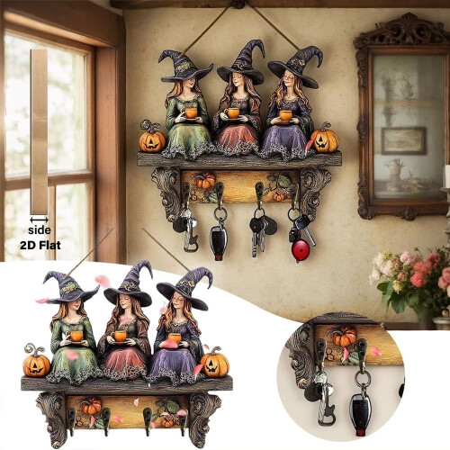 Wooden Halloween Witch Key Holder with 4 Hooks