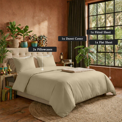 Imperial Rooms (Beige, Single) 4 Piece Duvet Covers Bedding Set Fitted Bed Sheets