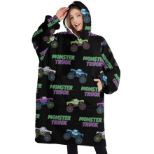 Oversized Wearable Blanket Hoodie, Black Monster Truck Sherpa Hoodie with Super Pockets – Warm Fuzzy Pullover for Women & Men