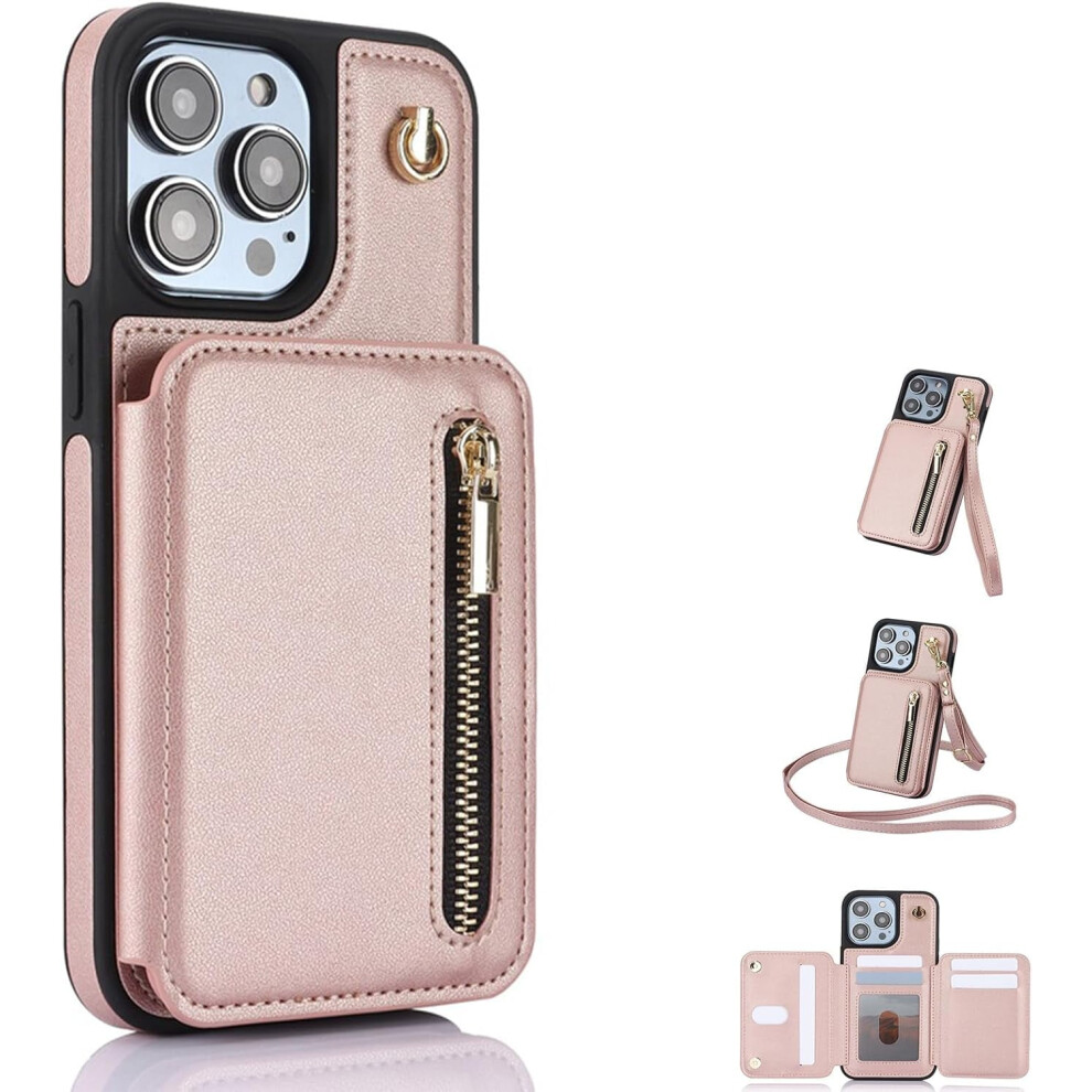 Fertilvrsus Wallet Case For Iphone 16/15/14/13, Pu Leather Flip Cover With Card Slots, Wrist Strap & Crossbody Lanyard (Apricot, For 13 Pro) 9448483445542